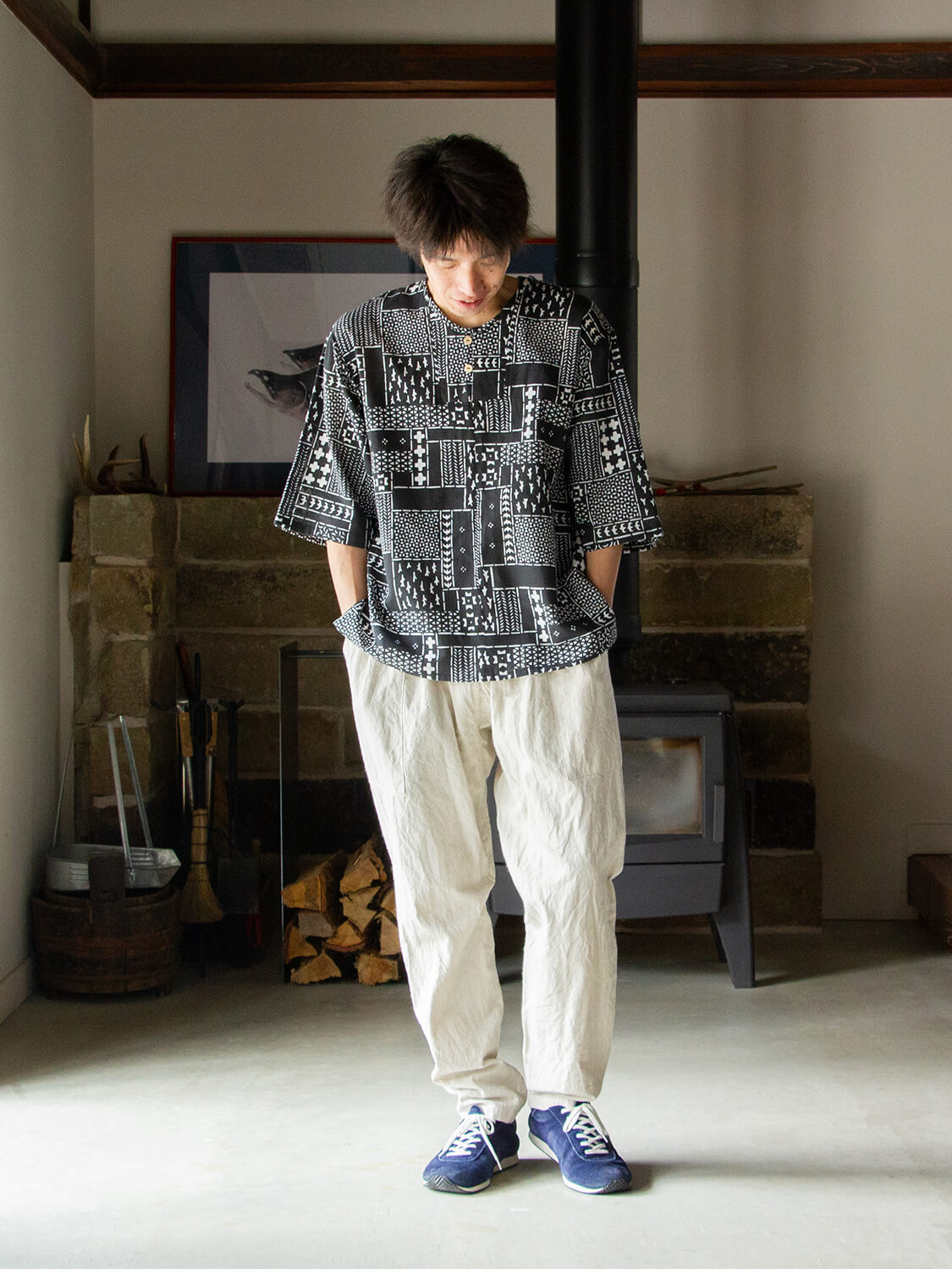 手ぬぐいシャツ よつめ染布舎 縁日 民布 着用イメージ